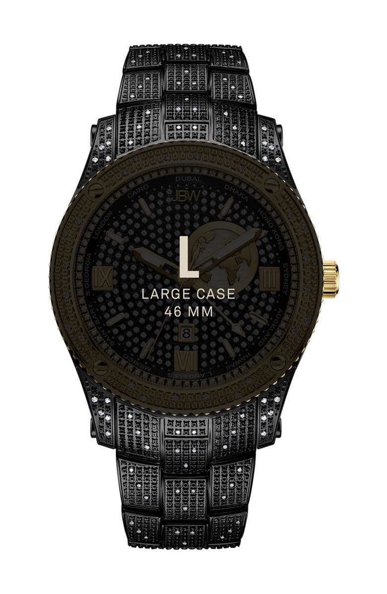 JBW Jet Setter GMT Diamond Bracelet Watch, 46mm, Alternate, color, Black