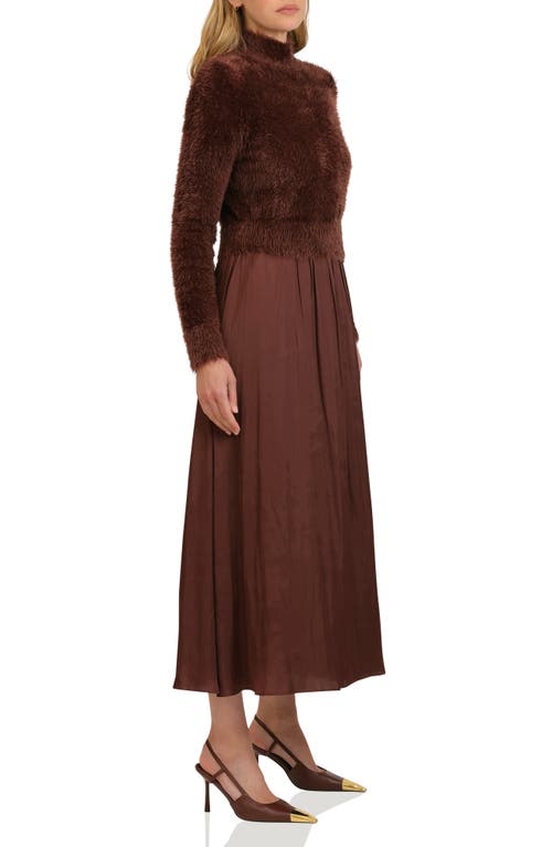 Avec Les Filles Long Sleeve Mixed Media Maxi Dress In Brown