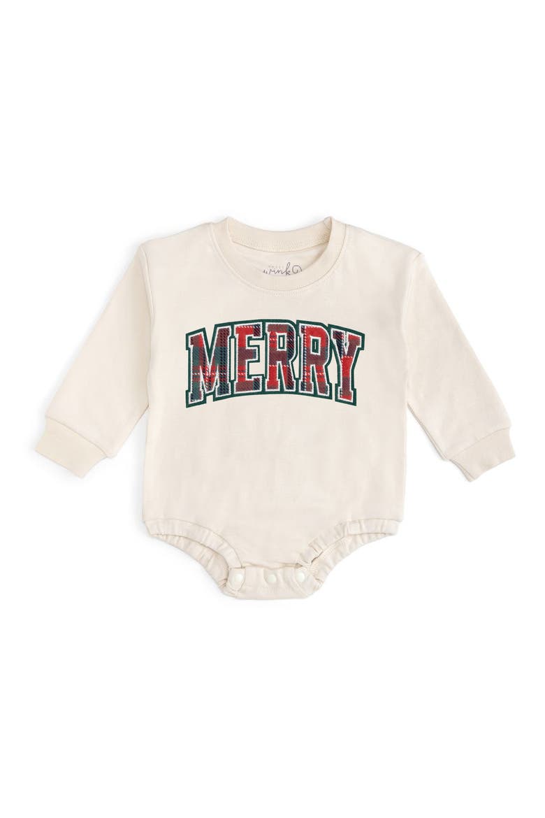 Merry Tartan Patch Christmas Long Sleeve Romper, Main, color, Natural