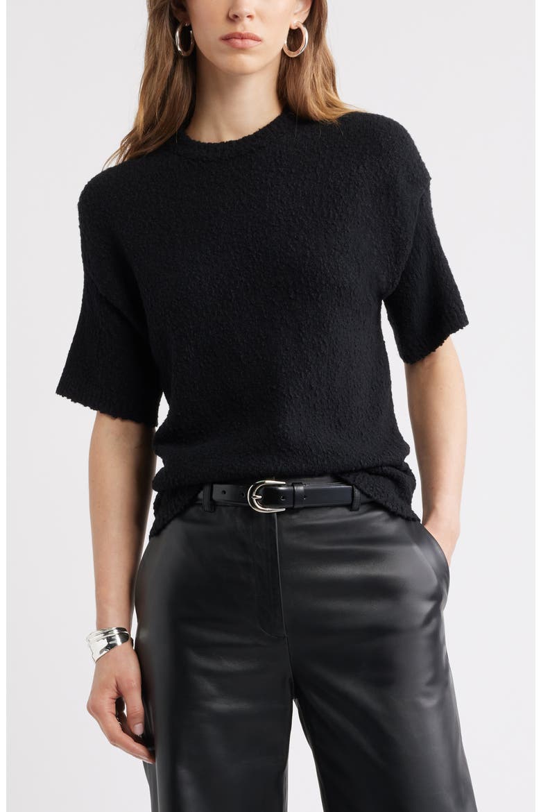 Short Sleeve Stretch Wool Blend Bouclé Sweater, Main, color, BLACK