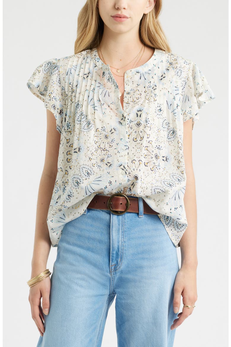 Floral Cotton Pintuck Flutter Sleeve Top, Main, color, IVORY- BLUE SCARF FLORAL