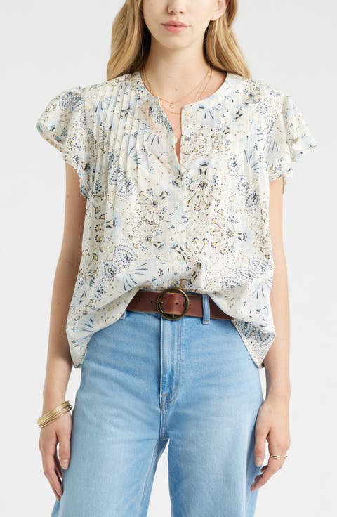 Floral Cotton Pintuck Flutter Sleeve Top