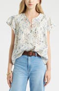 Treasure & Bond Floral Cotton Pintuck Flutter Sleeve Top