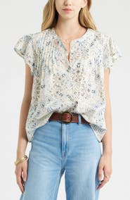 Treasure & Bond Floral Cotton Pintuck Flutter Sleeve Top
