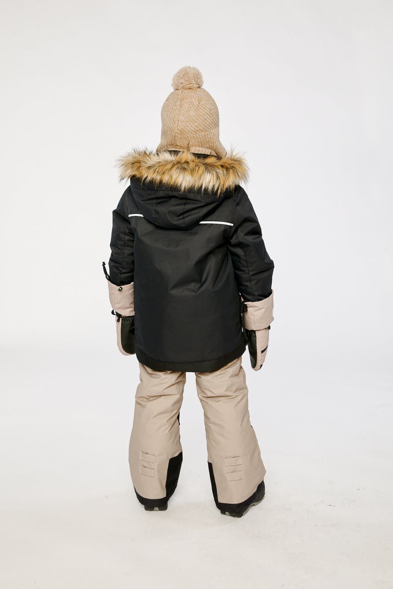 Play Faux Fur Hood Jacket & Reinforced Pants Two Piece Snowsuit, Alternate, color, Black and Beige