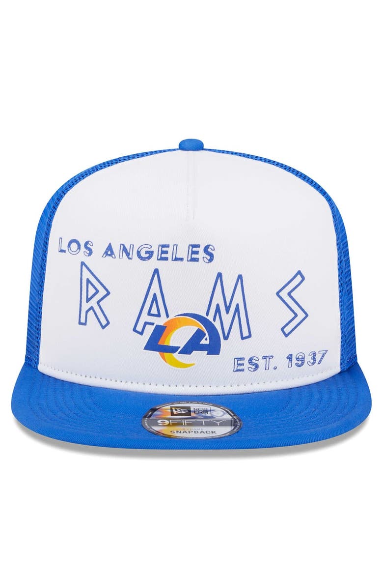 Men's New Era White/Royal Los Angeles Rams Banger 9FIFTY Trucker Snapback Hat, Alternate, color, White