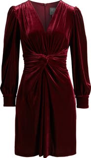Vince Camuto Twist Front Long Sleeve Velvet Fit & Flare Dress