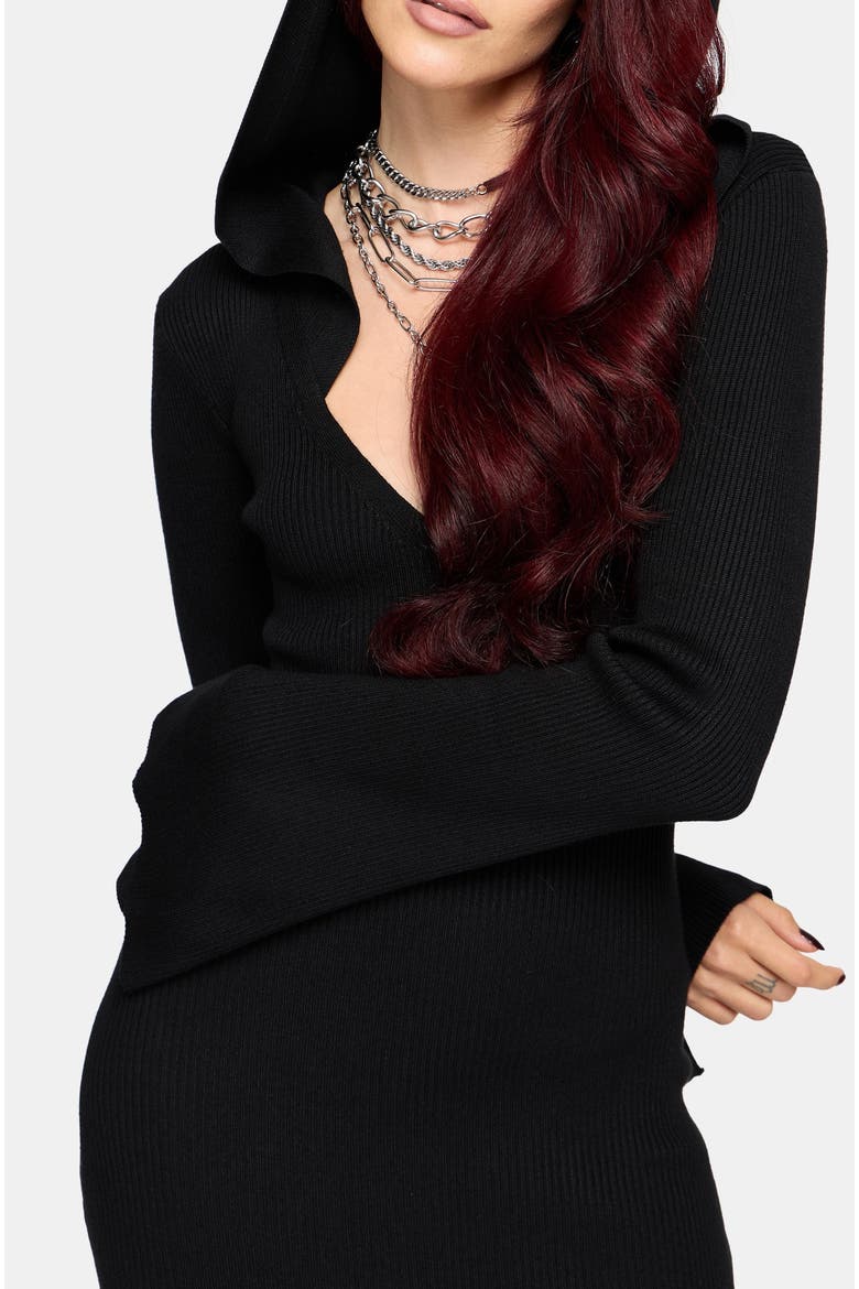 Heike Hooded Ribbed Knit Dress, Alternate, color, Black