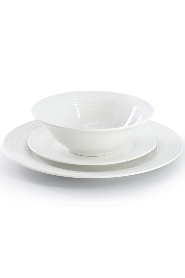 Everyday Embossed 12 Piece Round Ceramic Dinnerware Set, Alternate, color, White