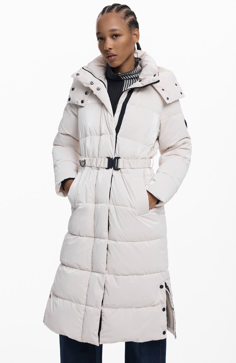 Desigual Quilted Puffer Longline Coat with Removable Hood, Alternate, color, White