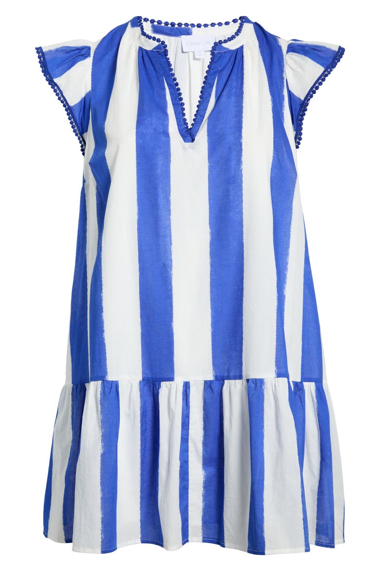 Stripe Cotton Split Neck Shift Minidress, Alternate, color, WHITE-BLUE-STRIPE