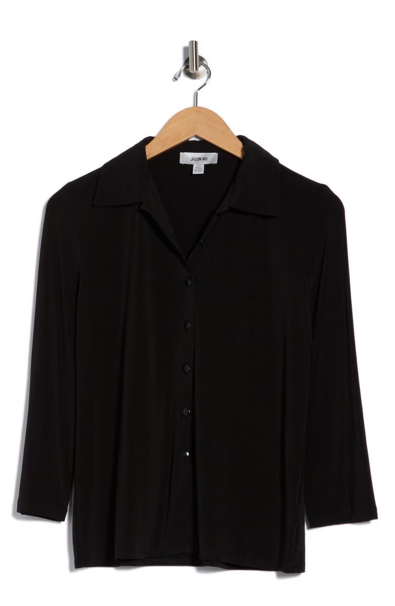 JASON WU Three-Quarter Sleeve Knit Button-Up Shirt, Alternate, color, Black
