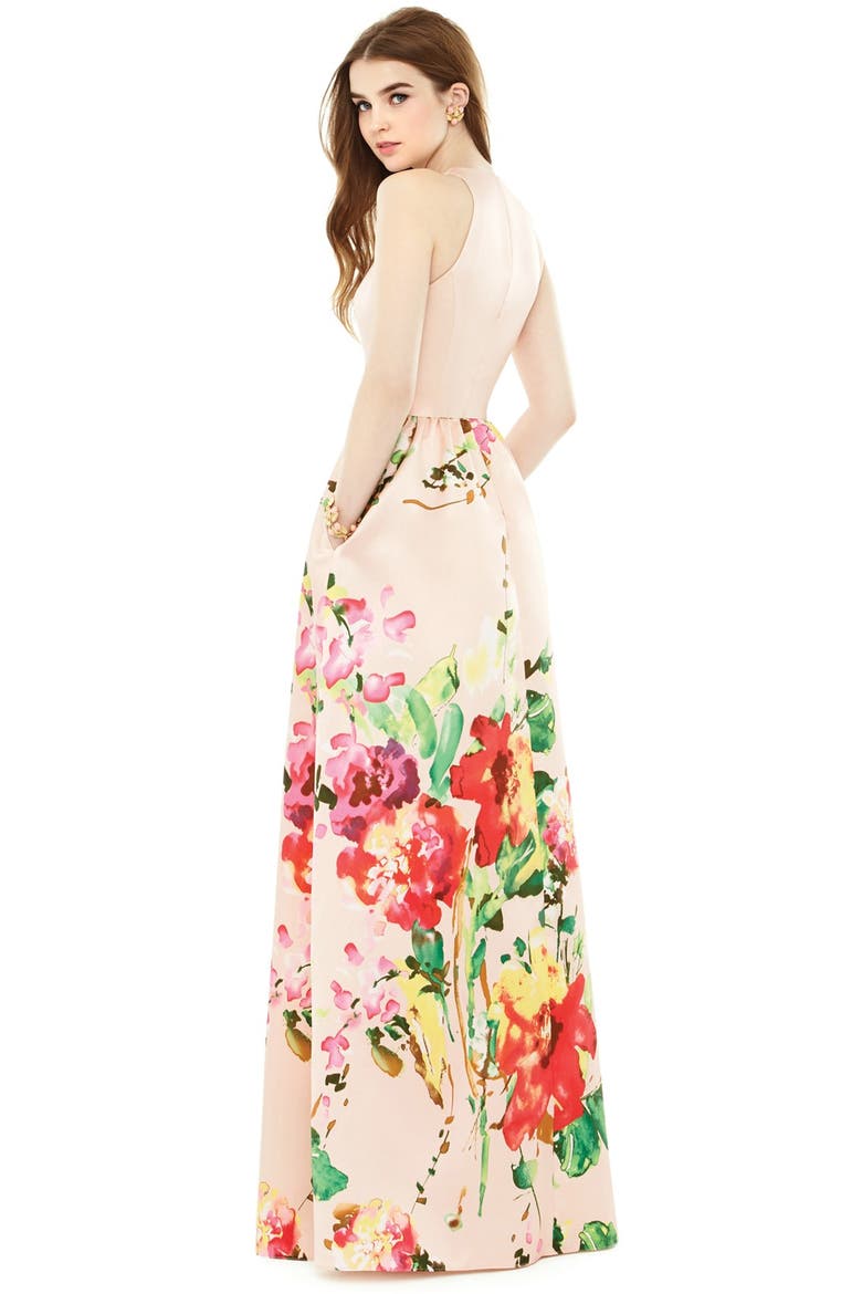 Watercolor Floral Print Sleeveless Sateen A-Line Gown, Alternate, color, BLUSH BOUQUET