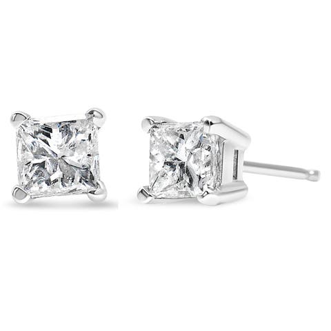 14K White Gold 1.00 Cttw Square Diamond Solitaire Stud Earring