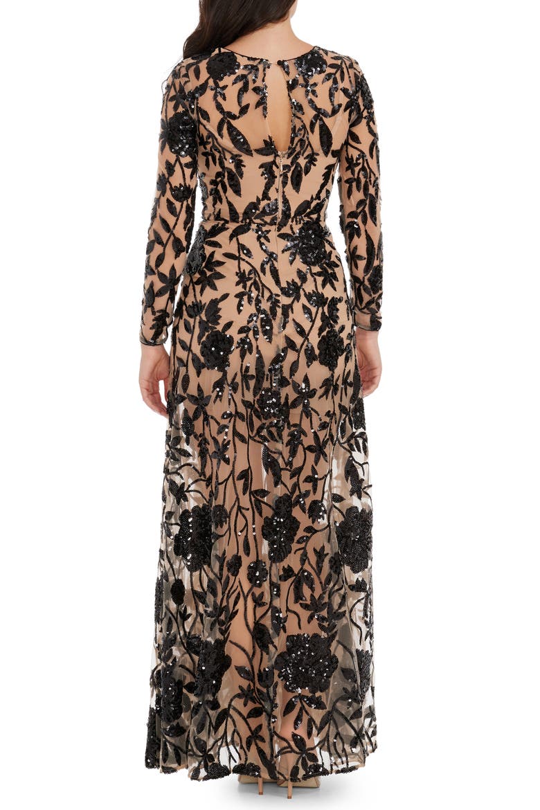 Ava Sequin Floral Embroidered Long Sleeve Gown, Alternate, color, BLACK- BEIGE