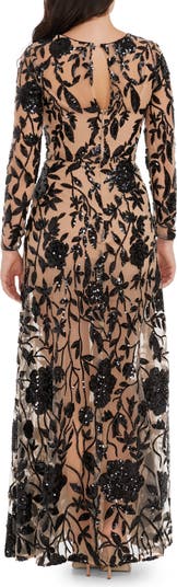 Ava Sequin Floral Embroidered Long Sleeve Gown