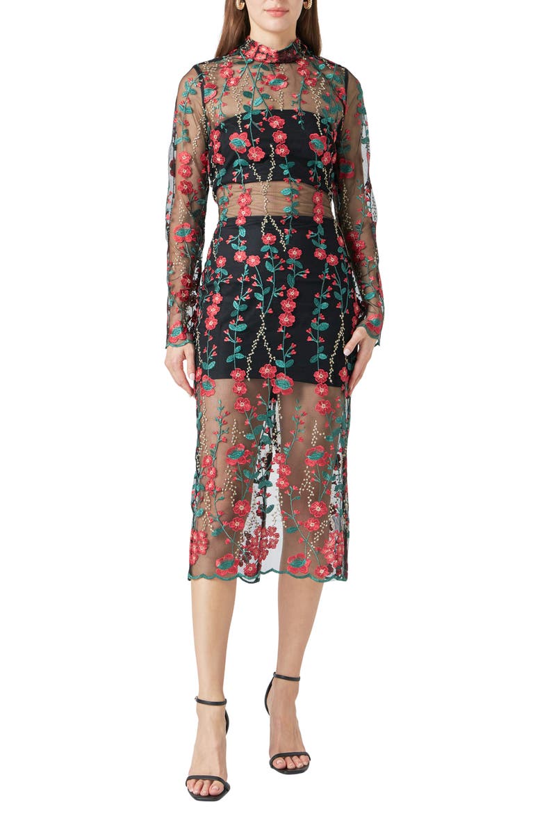Floral Embroidered Long Sleeve Midi Dress, Main, color, RED MULTI