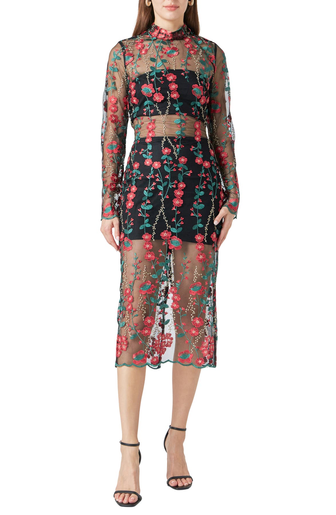 Endless Rose red floral embroidered long-sleeve midi dress