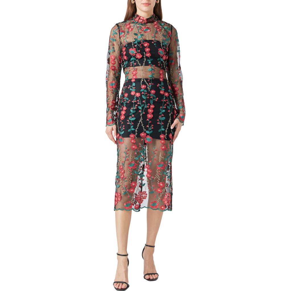 Endless Rose Floral Embroidered Long Sleeve Midi Dress In Red Multi