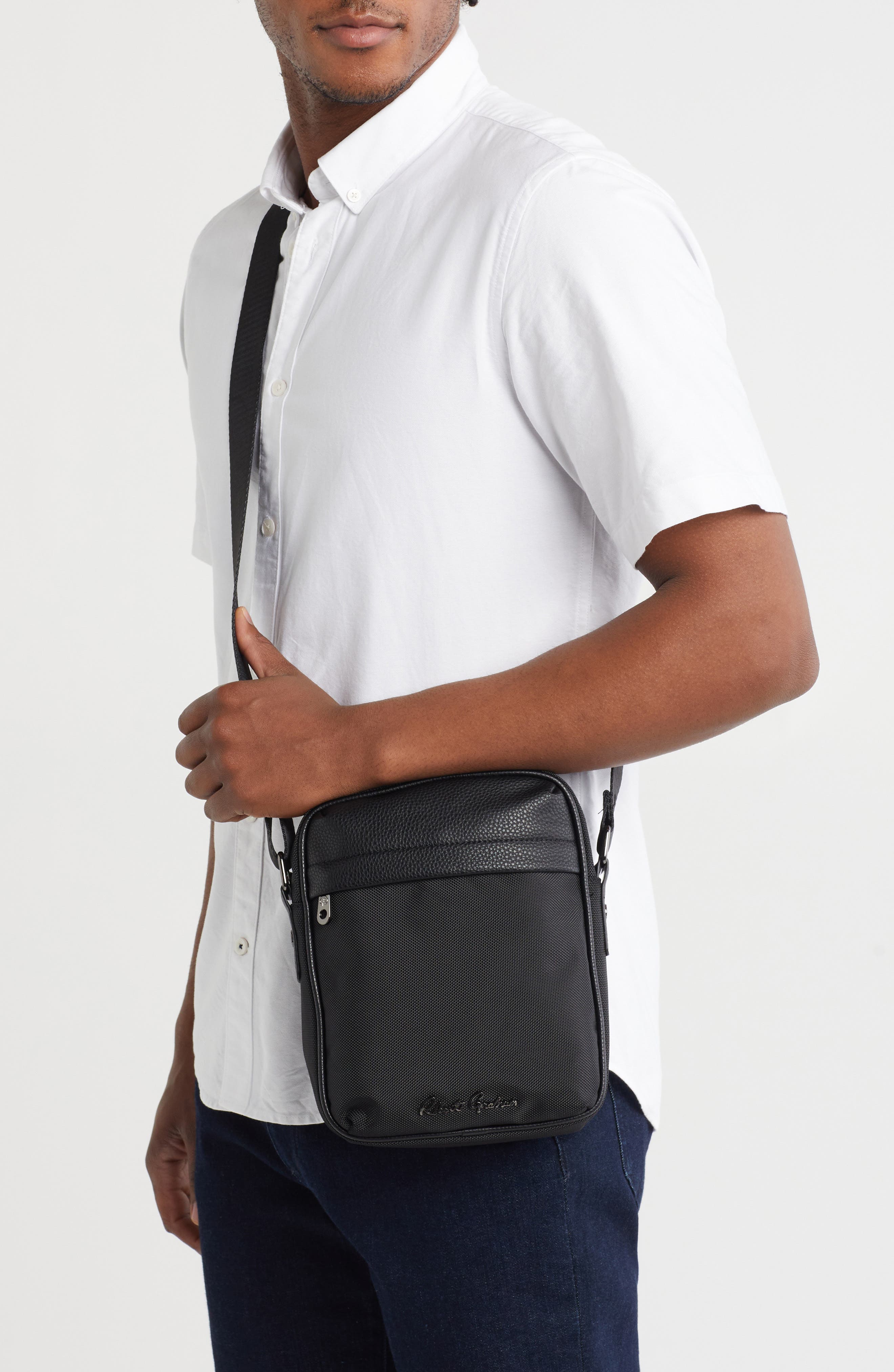 Robert Graham Grant Mixed Media Crossbody Messenger Bag, Alternate, color, Black