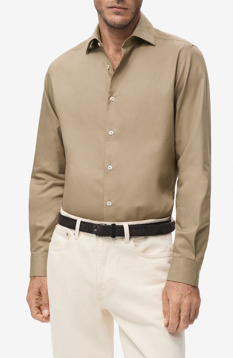 MANGO Slim Fit Cotton & Lyocell Button-Up Shirt, Main, color, Brown