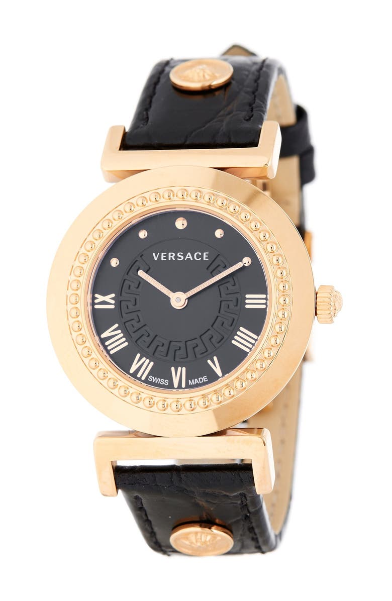 Versace Women's Vanity Croc Embossed Leather Strap Watch, Main, color, Rosegold