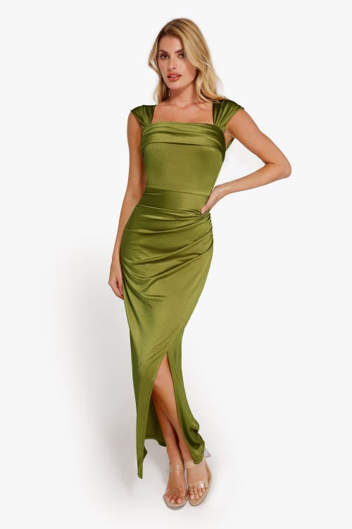 Popilush Shapewear Off Shoulder Shine Ruched Sculpting Maxi Dress In Olive