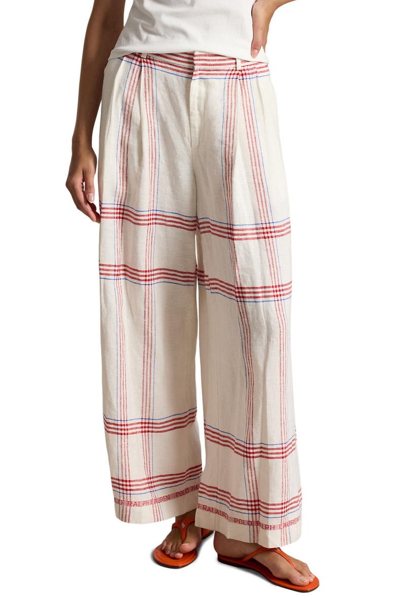 Polo Ralph Lauren Plaid Linen Crop Wide Leg Pants, Main, color, Cream-Red Multi