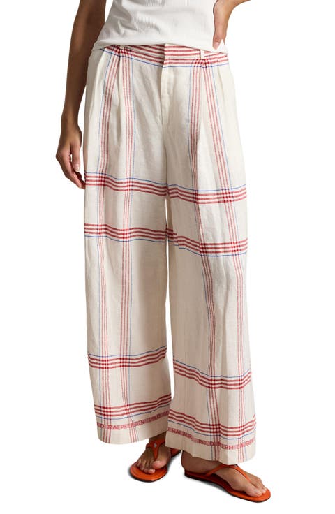 Plaid Linen Crop Wide Leg Pants