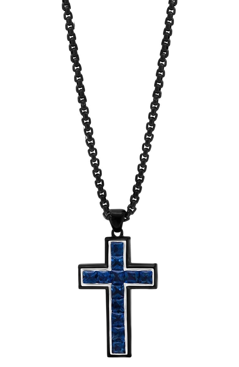 EFFY Men's Sterling Silver London Blue Topaz Cross Pendant Necklace, Alternate, color, Blue
