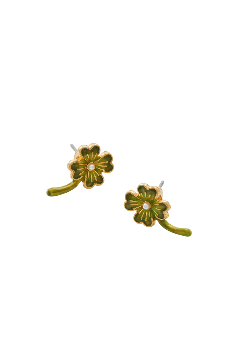 Fable England Lucky Clover & Pearl Stud Earrings, Alternate, color, Gold