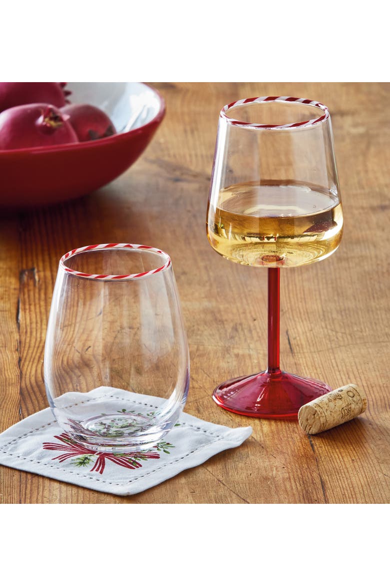 Peppermint Stripe All Purpose Wine Glass Red Multi Borosilicate 3.46x7.75 in Christmas, Alternate, color, Clear