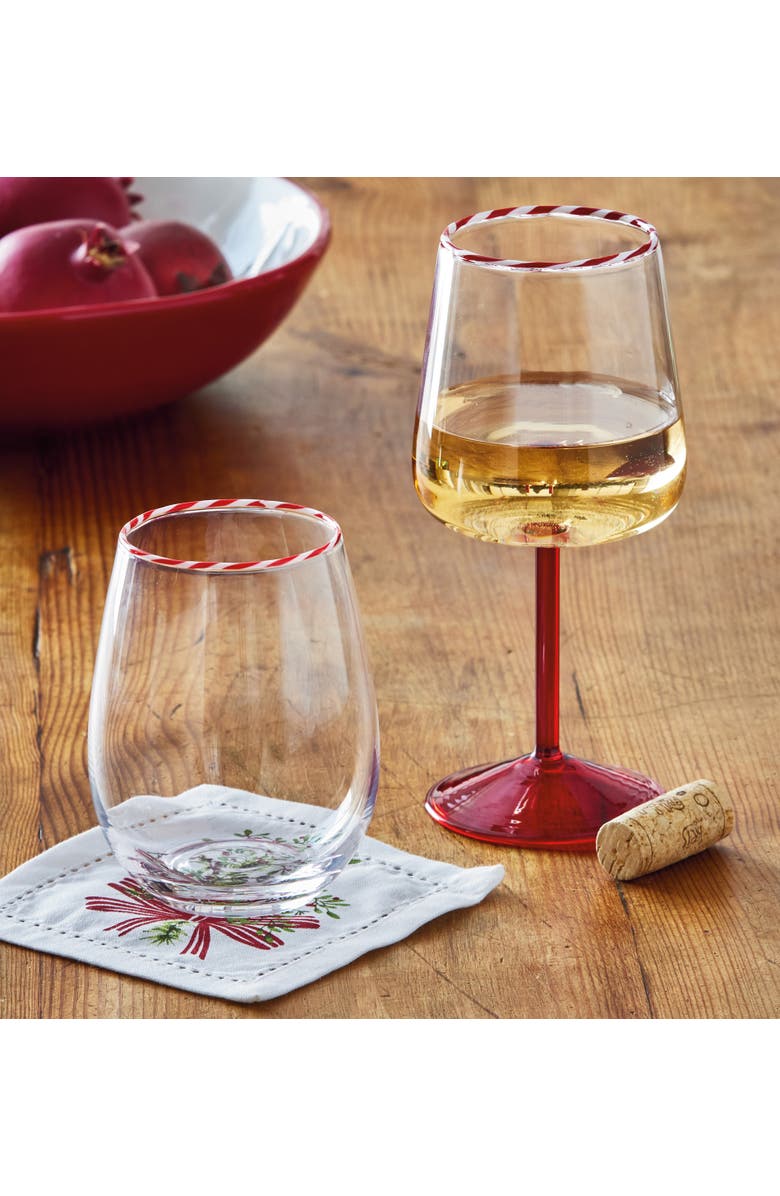 tag Christmas Peppermint Stripe Stemless Wine Glass Red Multi Borosilicate 3.5x5 in, Alternate, color, Clear