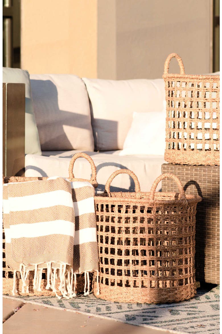 Open Weave Cylinder Basket with Handles, Set of 3, Alternate, color, Natural