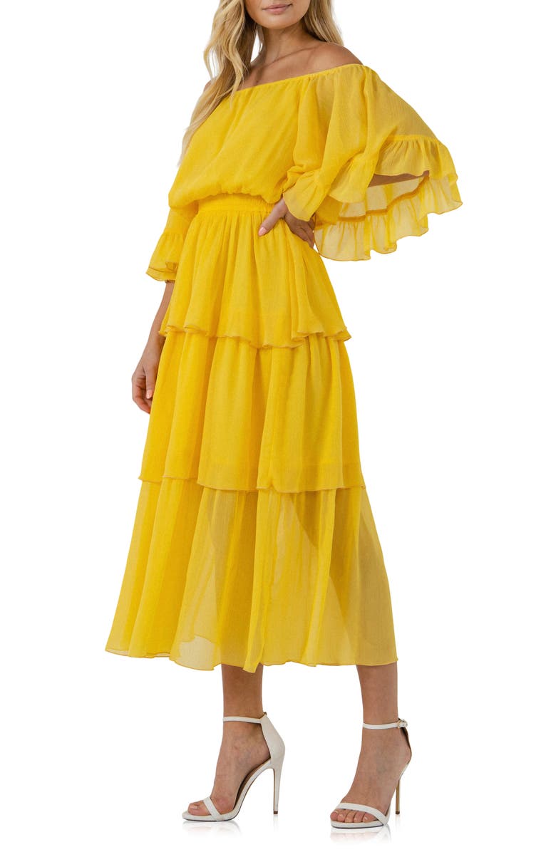 Endless Rose Off the Shoulder Tiered Chiffon Dress, Alternate, color, Yellow