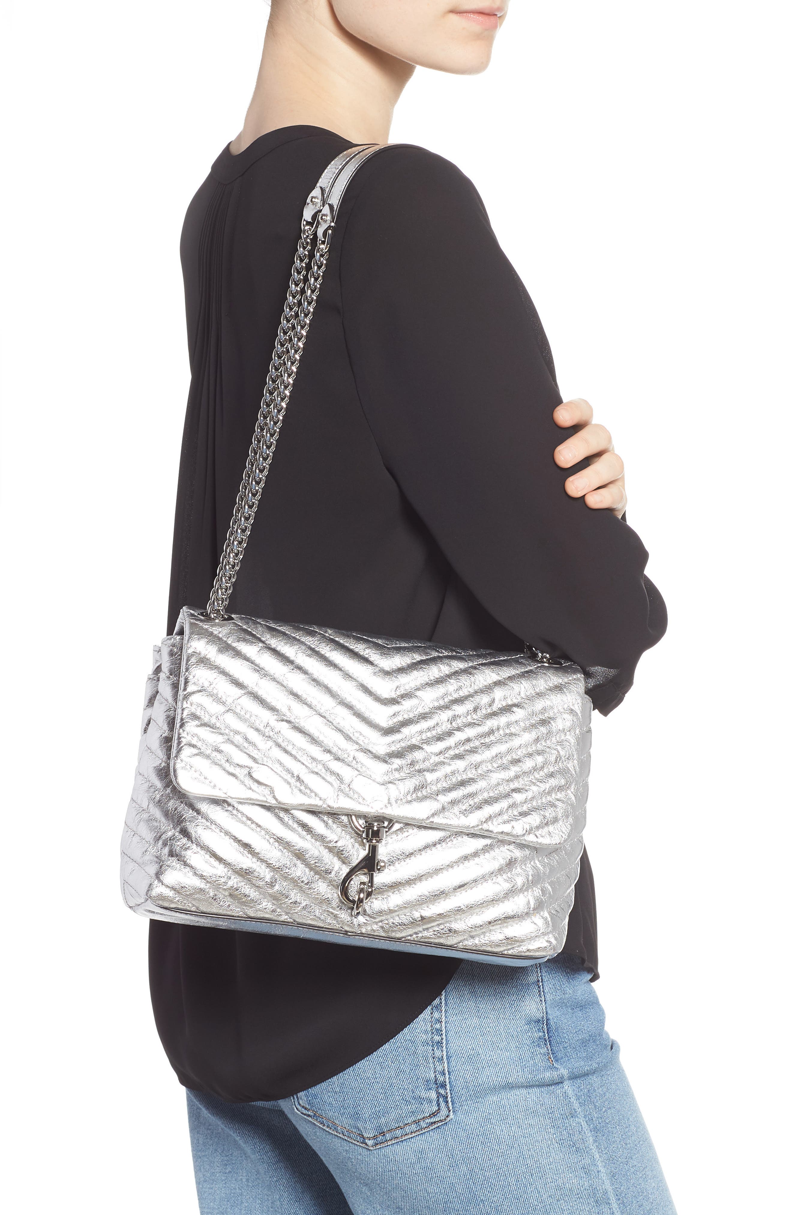 Edie Metallic Leather Shoulder Bag, Alternate, color, SILVER
