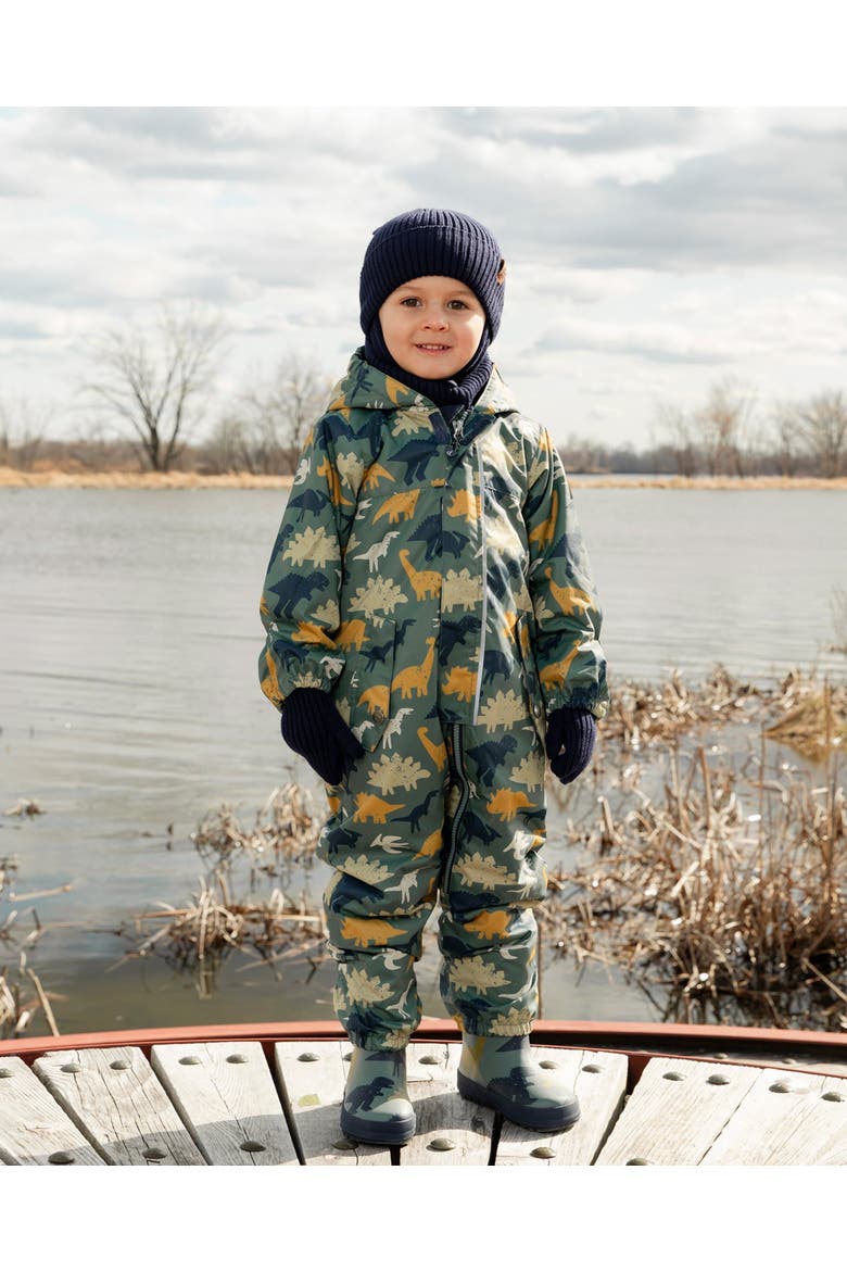 Mid-Season Printed One-Piece Outerwear with Hat, Alternate, color, Green Dinosaur Print