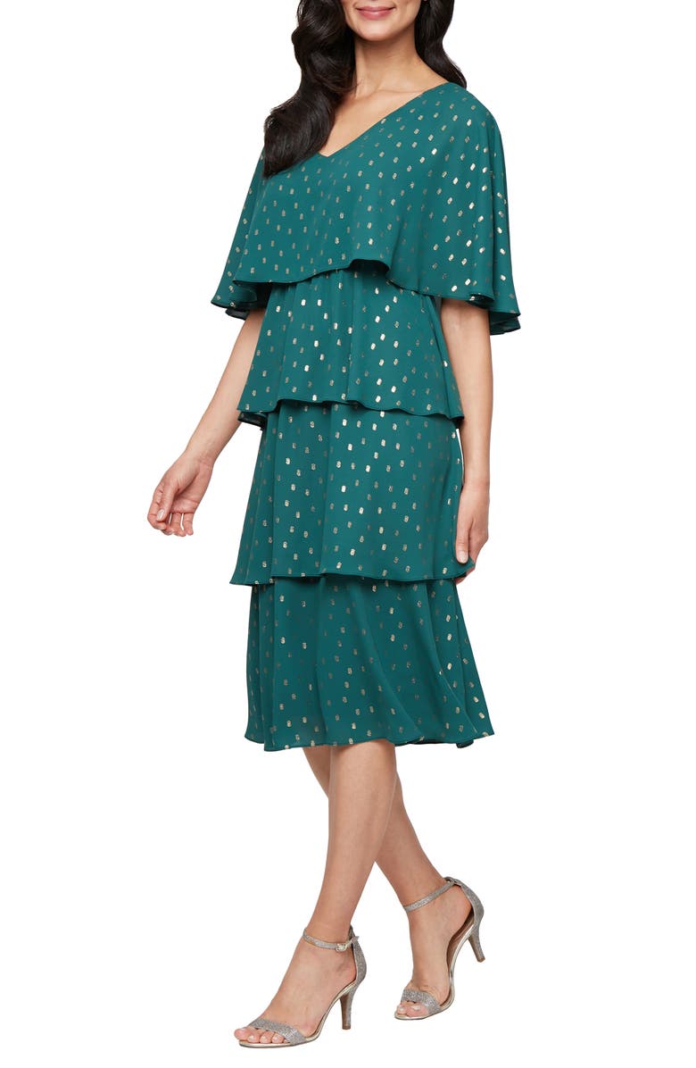 SL FASHIONS Metallic Foil Dot Tiered Chiffon Cocktail Midi Dress, Main, color, Pine