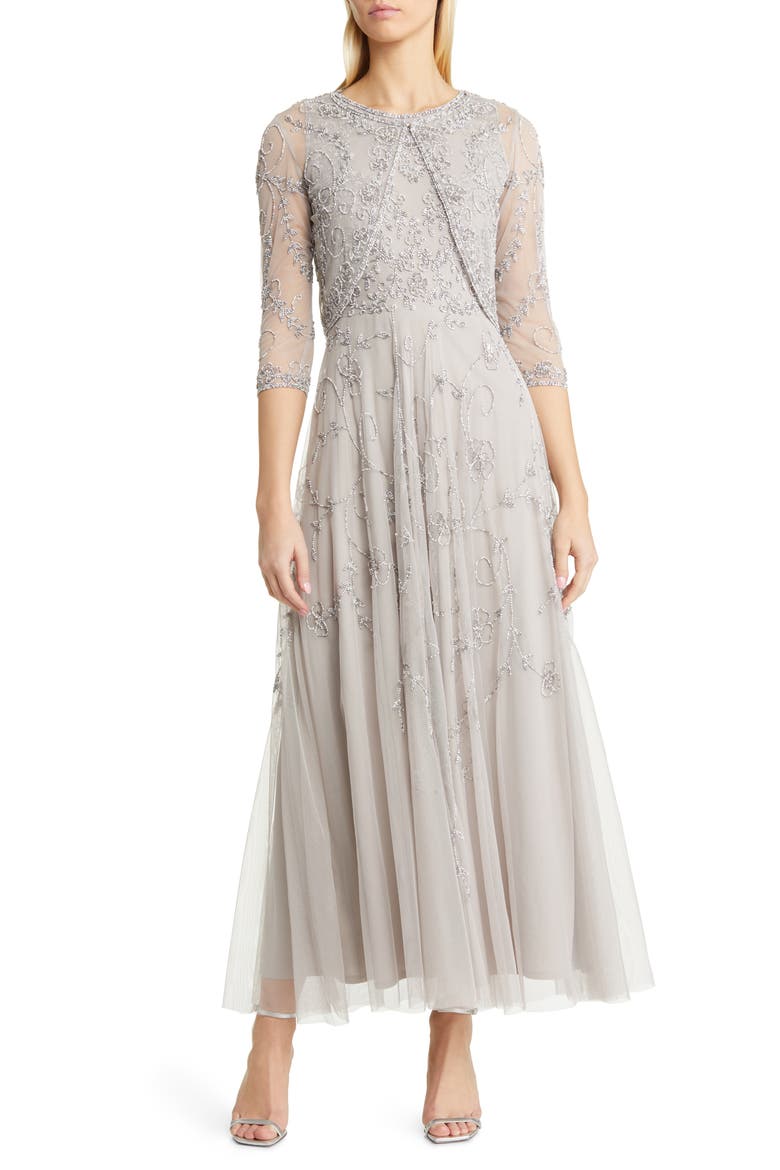 Beaded Mesh Gown with Jacket, Main, color, SILVER