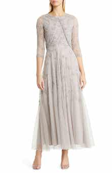 Pisarro Nights Beaded Mesh Gown with Jacket