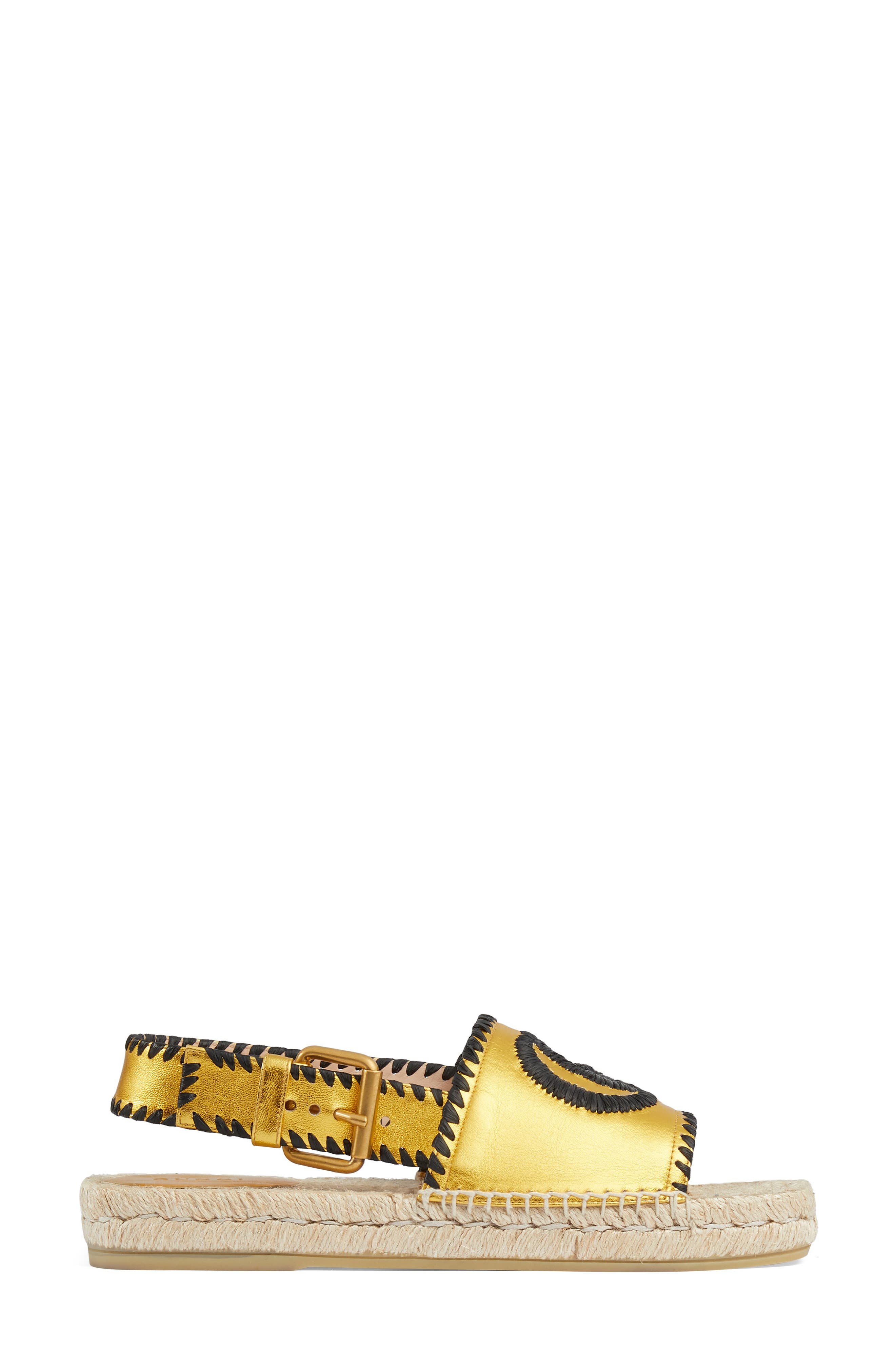 Pilar Embroidered Double G Logo Slingback Espadrille Sandal, Alternate, color, GOLD