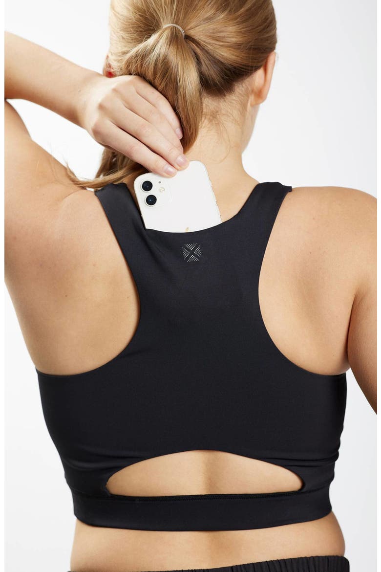 Cutout Racerback Sports Bra with Hidden Pocket, Alternate, color, BLACK