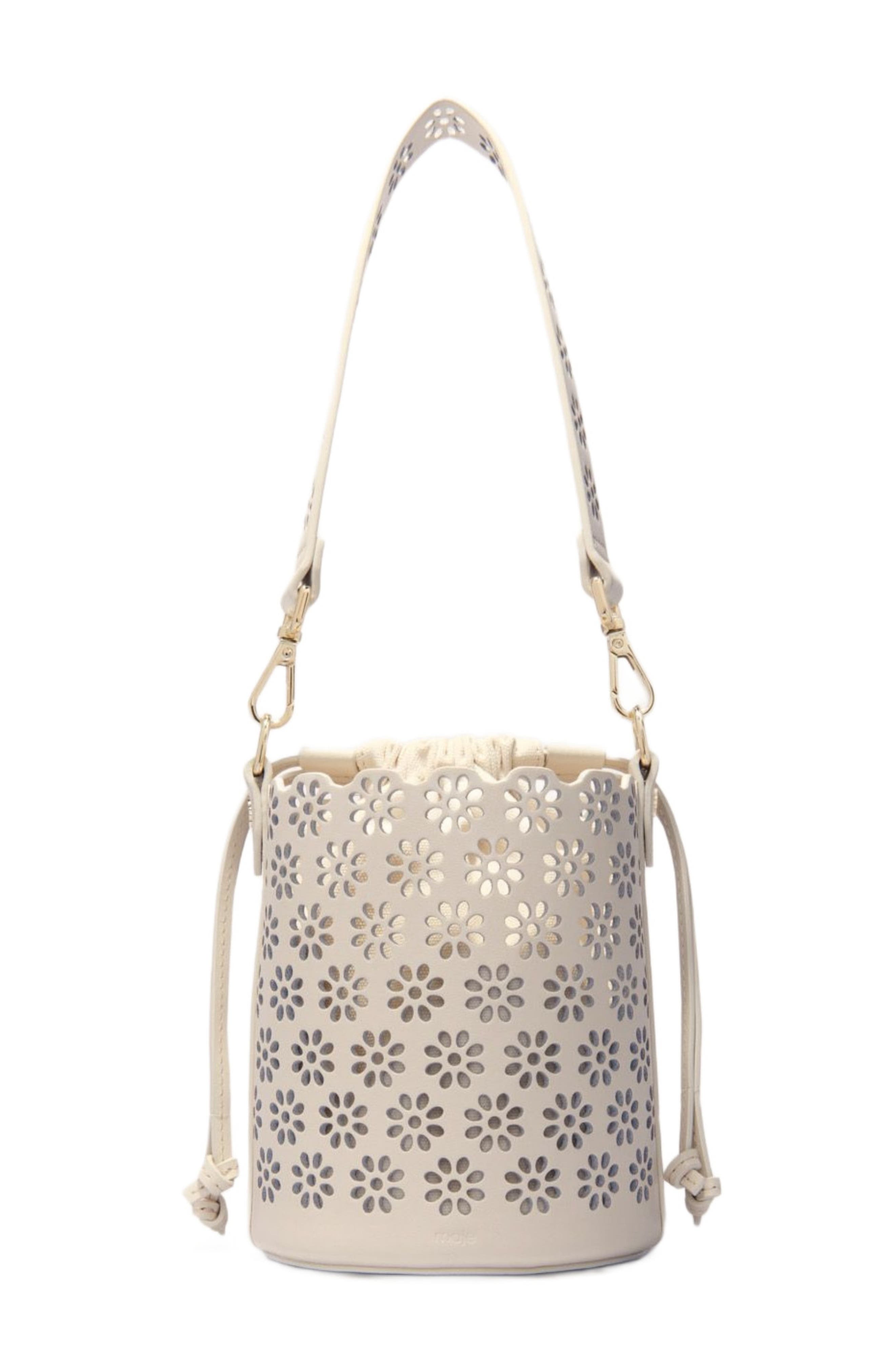 maje Perforated leather bucket bag, Alternate, color, 