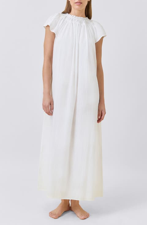 Shirred Neck Cotton Maxi Nightie Nightgown