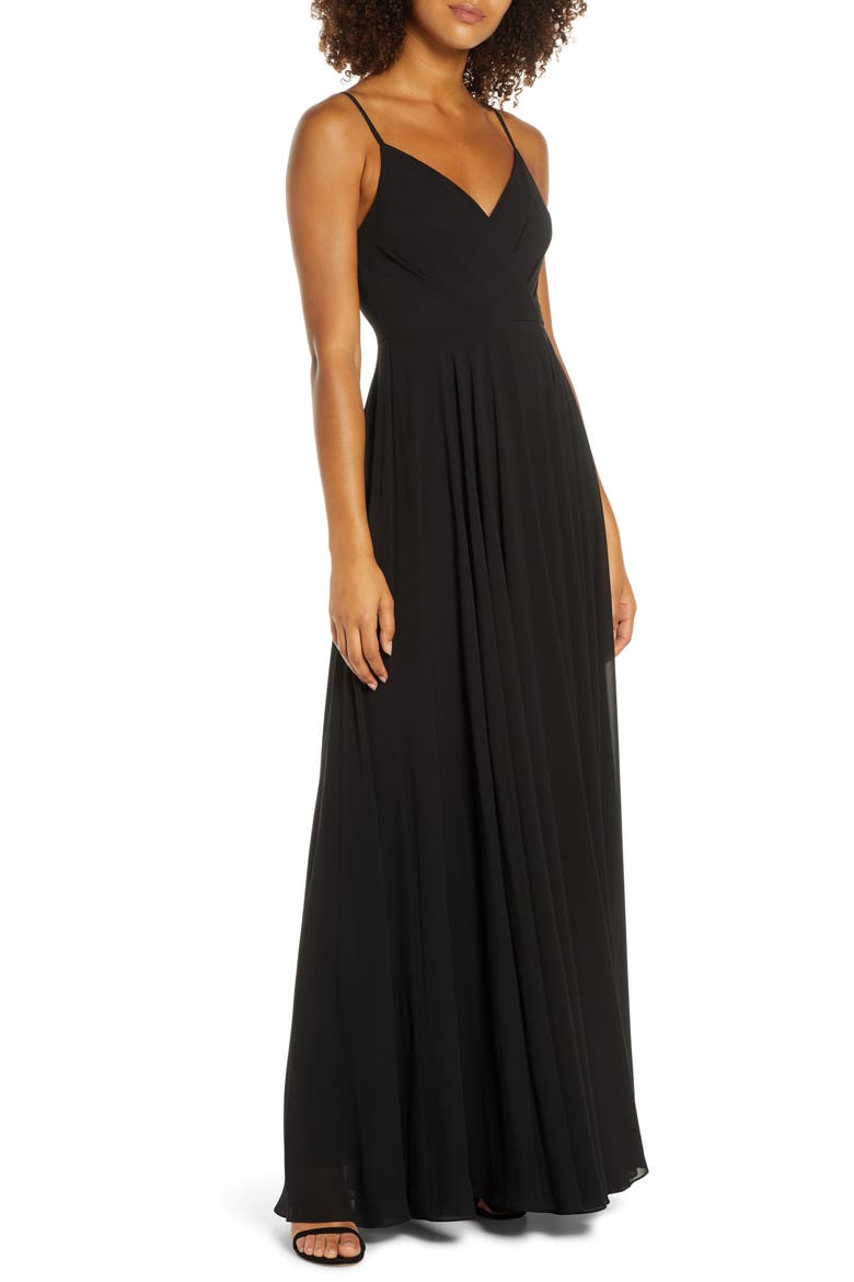 Surplice Chiffon A-Line Gown, Main, color, BLACK