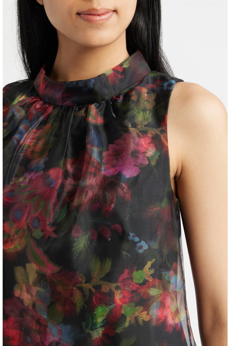 Floral Print Organza Overlay Midi Dress, Alternate, color, BLCK MULTI