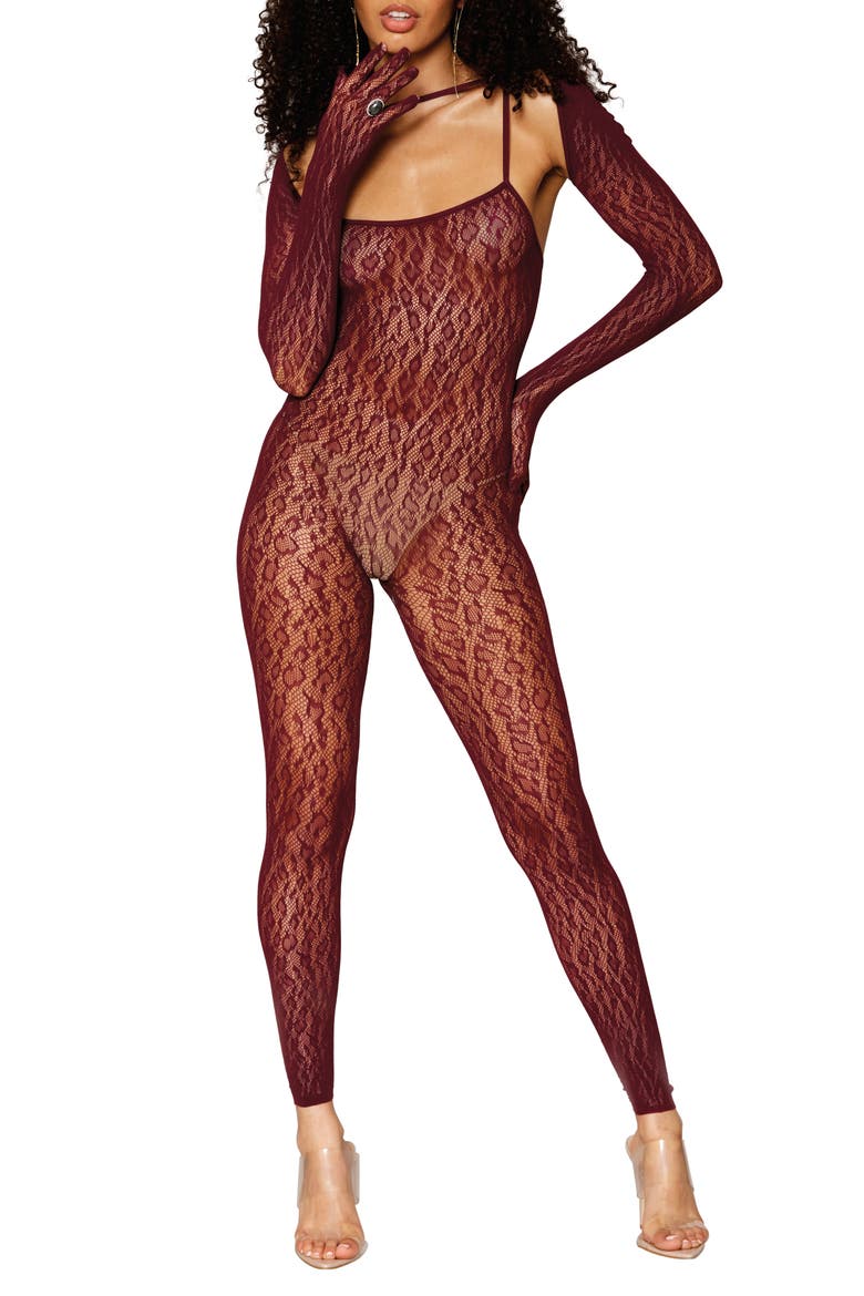 Sheer Jacquard Catsuit & Shrug Set, Main, color, BURGUNDY