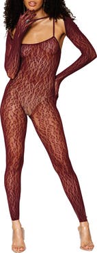 Dreamgirl Sheer Jacquard Catsuit & Shrug Set