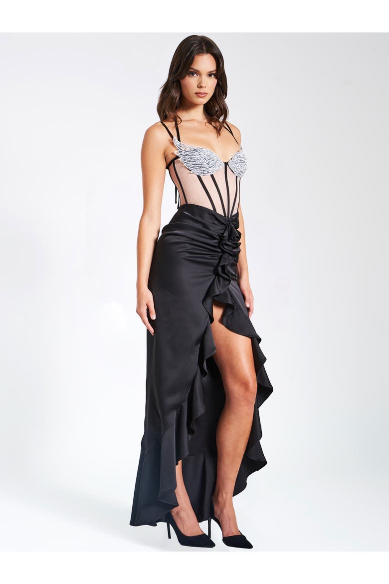 Rafaela Satin Corset Sequin Wing Cup Dress, Alternate, color, Black