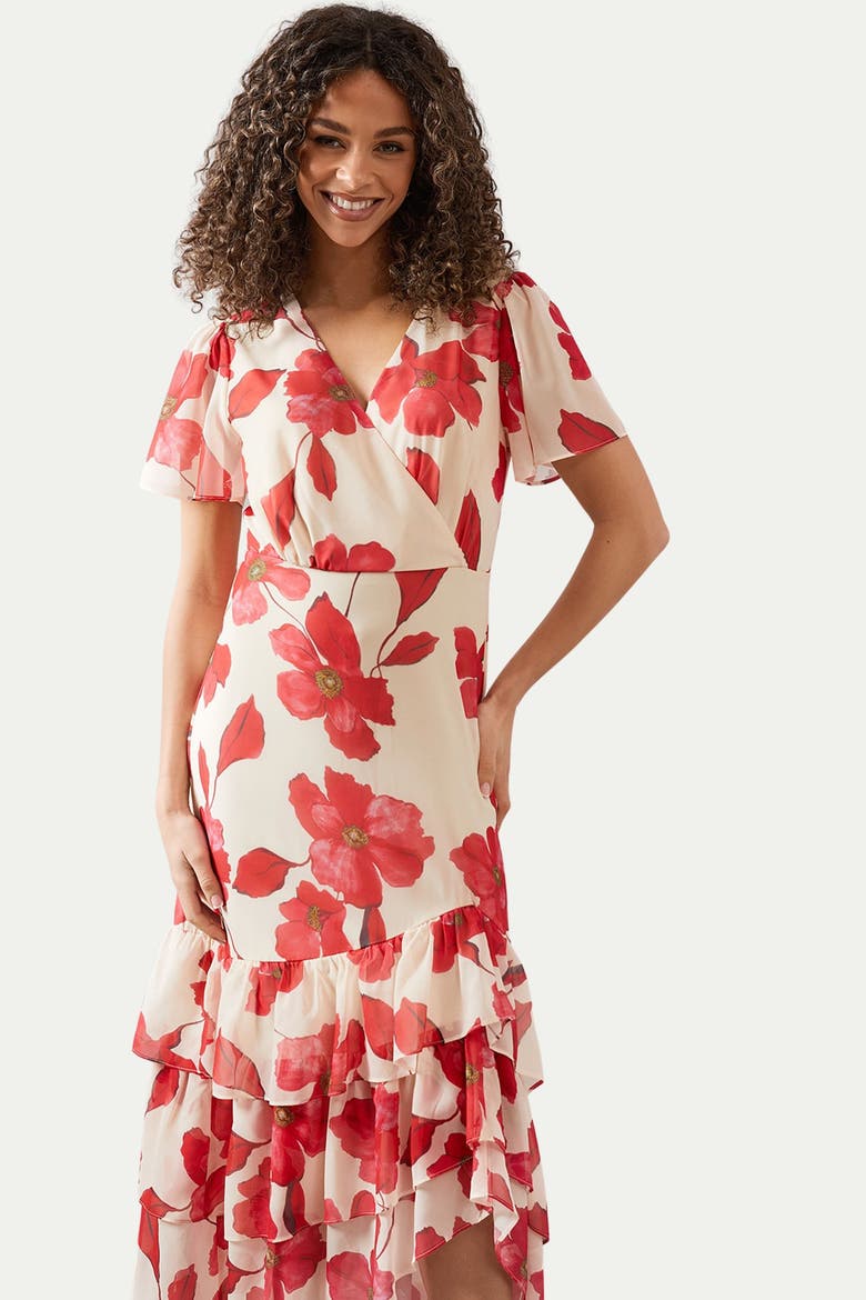 Floral Frill Hem Chiffon Maxi Dress, Alternate, color, Red